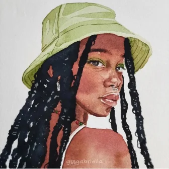 Autorretrato de Gabriella Santos em aquarela, de chapéu verde